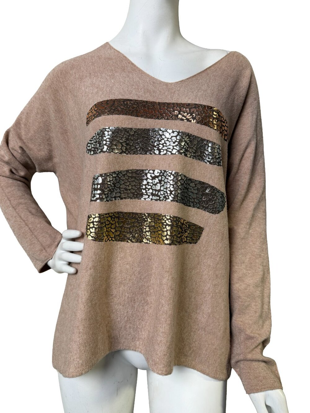 Bella Amore Animal Print Stripe Sweater Womens Tan Beige V-Neck Long Size L